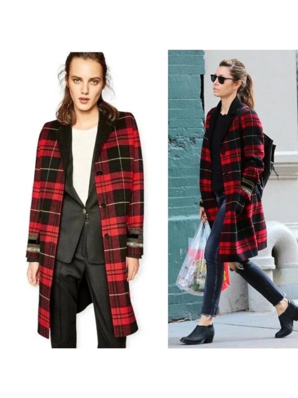 The Kooples Red Plaid Embellished Cuff Wool Long Trench Coat